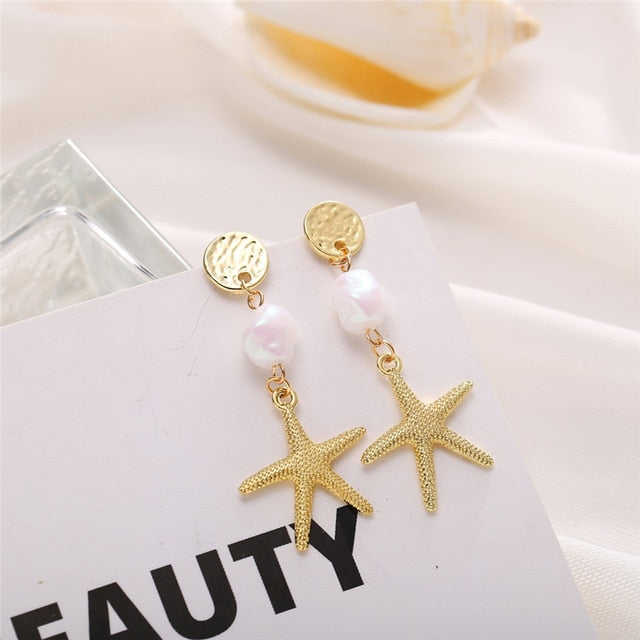 2019 New Sea Shell Earrings For Women Gold Color Round Geometric Drop Pearl Shell Earrings Summer Beach Ladies Fashion Jewelry