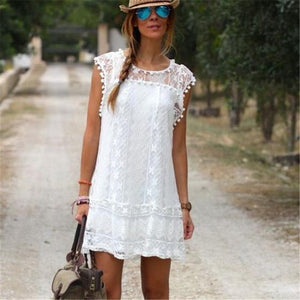 2019 Women Sexy Lace Flare Sleeveless Mini Short Beach Dresses For Women Solid White Hollow Out Loose Casual Beach Dresses Girls