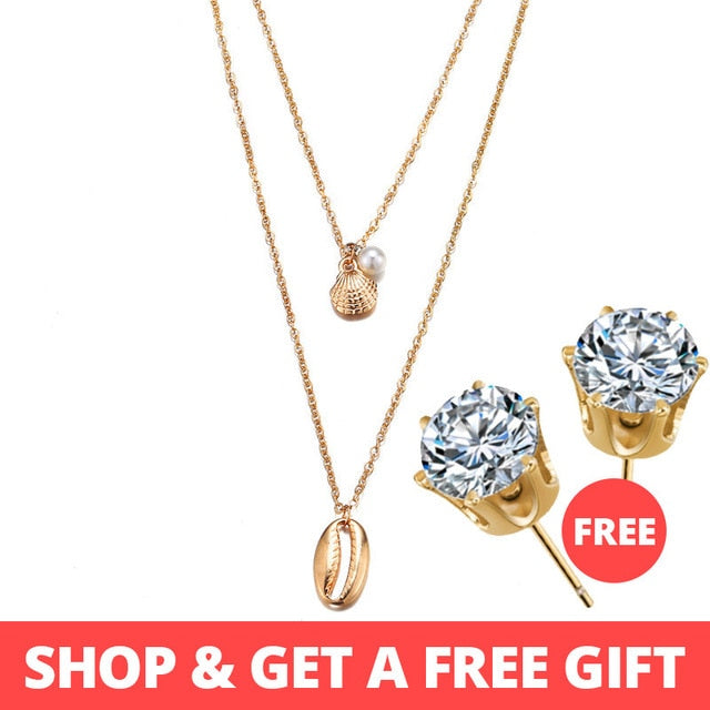 Buy 1 Get 1 Gift Gold Sliver Multi layer Necklace For Women Shell Choker Necklaces & Pendants 2019 Female Ocean Fashion Jewelry