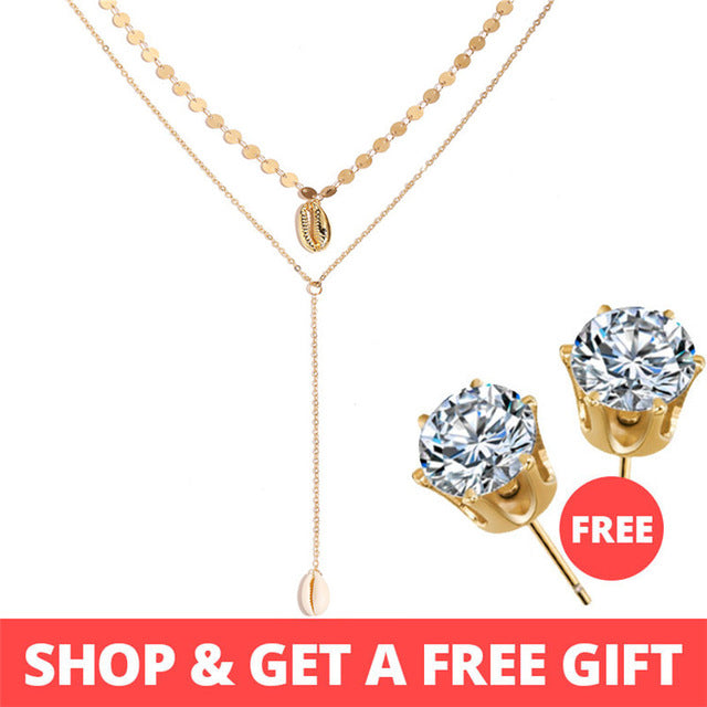 Buy 1 Get 1 Gift Gold Sliver Multi layer Necklace For Women Shell Choker Necklaces & Pendants 2019 Female Ocean Fashion Jewelry