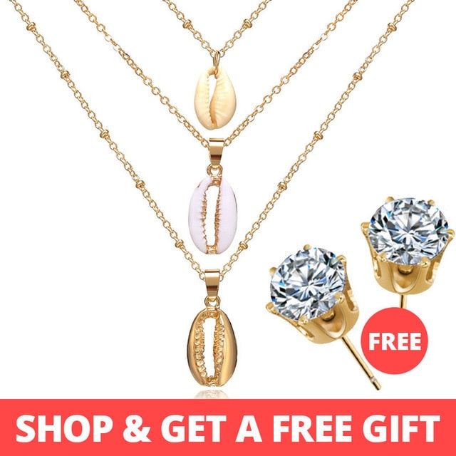 Buy 1 Get 1 Gift Gold Sliver Multi layer Necklace For Women Shell Choker Necklaces & Pendants 2019 Female Ocean Fashion Jewelry