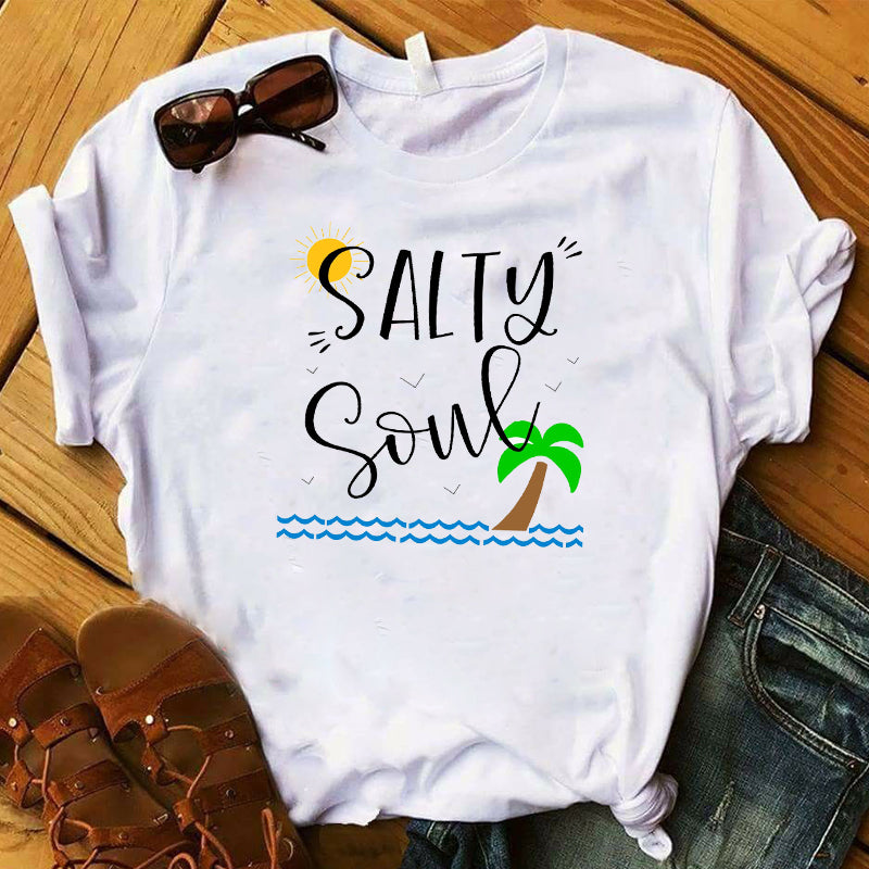 Women T Womens Graphic Salty Soul Beach Road Trip Love Holiday Vacay Printed Top Tshirt Female Tee Shirt Ladies Clothes T-shirt