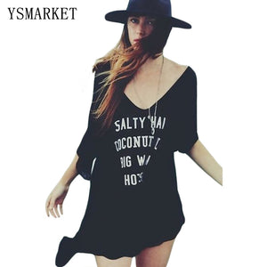 Summer New Women Letter Print Kaftan Salty Hair Coconut Oil Big Waves Hot Sun Beach Cover-up Sexy Deep V Neck Beach Dress Q42139