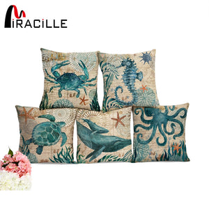 Miracille Sea Turtle Printed Cotton Linen Cushion Cover Marine Ocean Sea Horse Home Decor Pillowcase Octopus Sofa Cushion Case