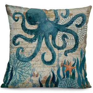 Miracille Sea Turtle Printed Cotton Linen Cushion Cover Marine Ocean Sea Horse Home Decor Pillowcase Octopus Sofa Cushion Case