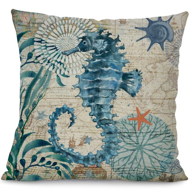 Miracille Sea Turtle Printed Cotton Linen Cushion Cover Marine Ocean Sea Horse Home Decor Pillowcase Octopus Sofa Cushion Case