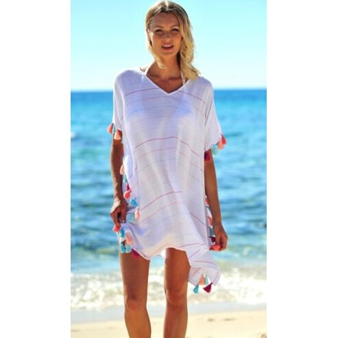 Womens Summer Striped Tassel Swimwear Bikini Beach Tunic Dresses Wear Cover Up Kaftan Ladies femme Loose Mini Dress