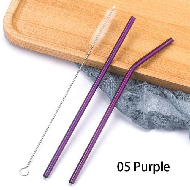 Colorful 304 Stainless Steel Straws Reusable Straight Bent Metal Drinking Straw With Cleaner Brush Set Party Bar Accessory