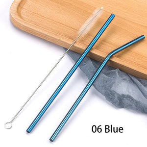 Colorful 304 Stainless Steel Straws Reusable Straight Bent Metal Drinking Straw With Cleaner Brush Set Party Bar Accessory