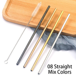 Colorful 304 Stainless Steel Straws Reusable Straight Bent Metal Drinking Straw With Cleaner Brush Set Party Bar Accessory