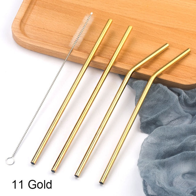 Colorful 304 Stainless Steel Straws Reusable Straight Bent Metal Drinking Straw With Cleaner Brush Set Party Bar Accessory