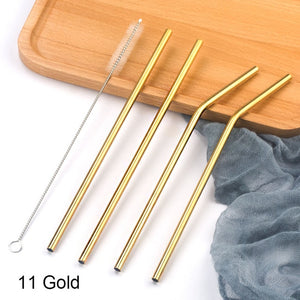 Colorful 304 Stainless Steel Straws Reusable Straight Bent Metal Drinking Straw With Cleaner Brush Set Party Bar Accessory