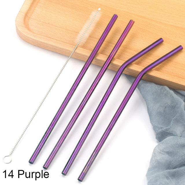 Colorful 304 Stainless Steel Straws Reusable Straight Bent Metal Drinking Straw With Cleaner Brush Set Party Bar Accessory