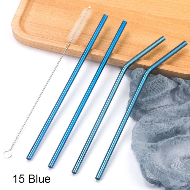 Colorful 304 Stainless Steel Straws Reusable Straight Bent Metal Drinking Straw With Cleaner Brush Set Party Bar Accessory