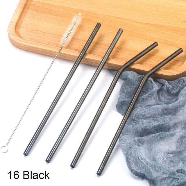 Colorful 304 Stainless Steel Straws Reusable Straight Bent Metal Drinking Straw With Cleaner Brush Set Party Bar Accessory