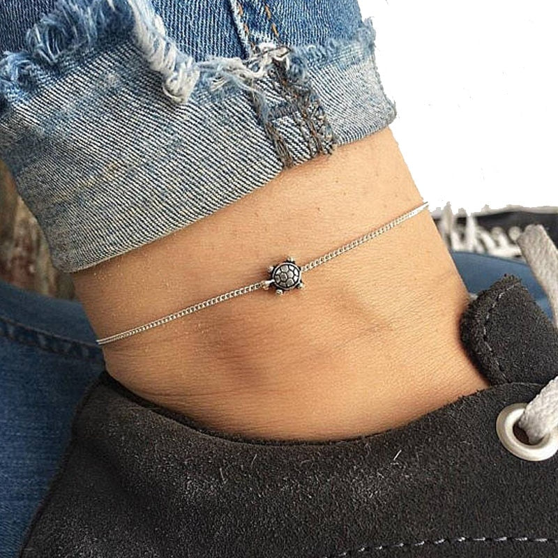 Vintage Simple Silver Chain Sea Turtle Anklet For Women Anklet Bracelet on The Leg Handmade Jewelry Summer Retro Charm Sandals