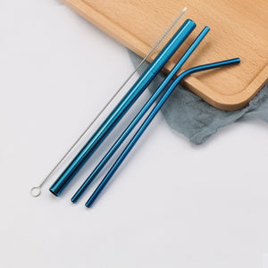 Colorful 304 Stainless Steel Straws Reusable Straight Bent Metal Drinking Straw With Cleaner Brush Set Party Bar Accessory