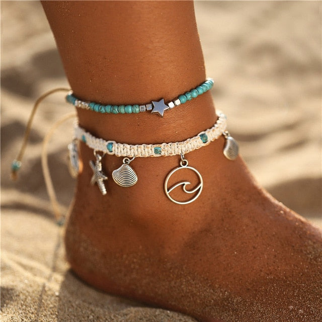 Starfish Pendant Anklets 2019 For Women New Stone Beads Shell Anklet Bohemian Bracelets On Leg BOHO Ocean Jewelry Drop Shipping