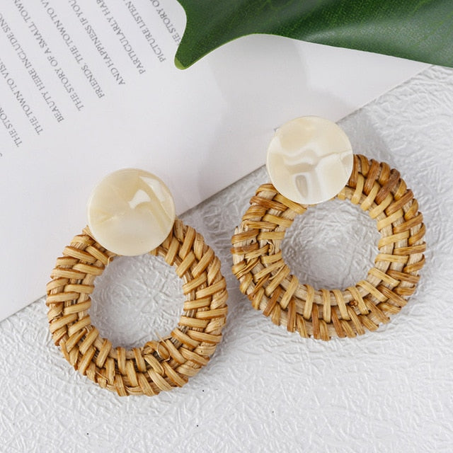 AENSOA Bohemia Handmade Geometric Rattan Straw Weave Knit Vine Drop Earrings For Women Korea Earring Party Jewelry Wholesale