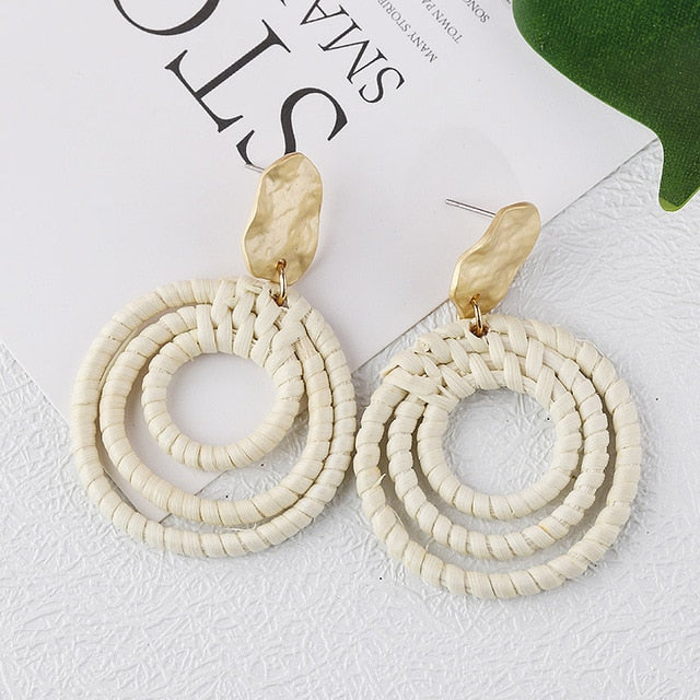 AENSOA Bohemia Handmade Geometric Rattan Straw Weave Knit Vine Drop Earrings For Women Korea Earring Party Jewelry Wholesale