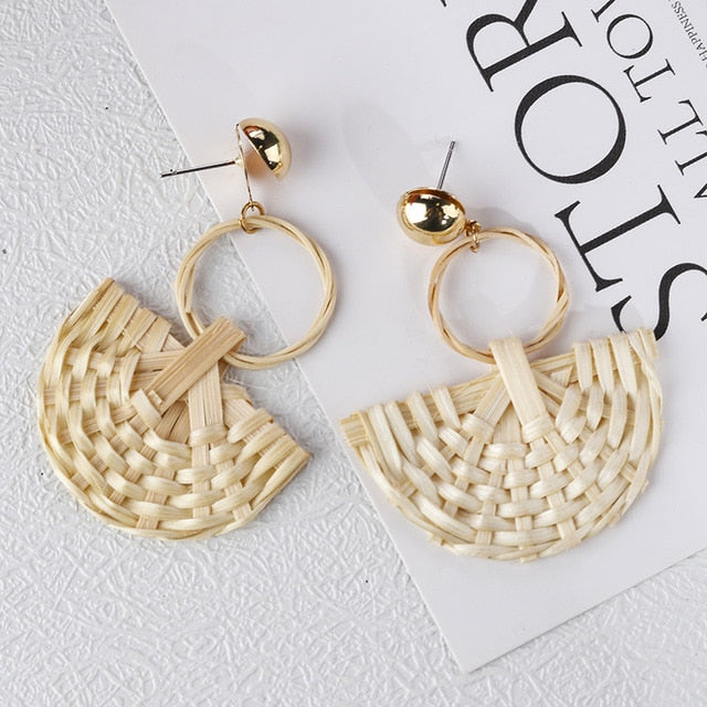 AENSOA Bohemia Handmade Geometric Rattan Straw Weave Knit Vine Drop Earrings For Women Korea Earring Party Jewelry Wholesale