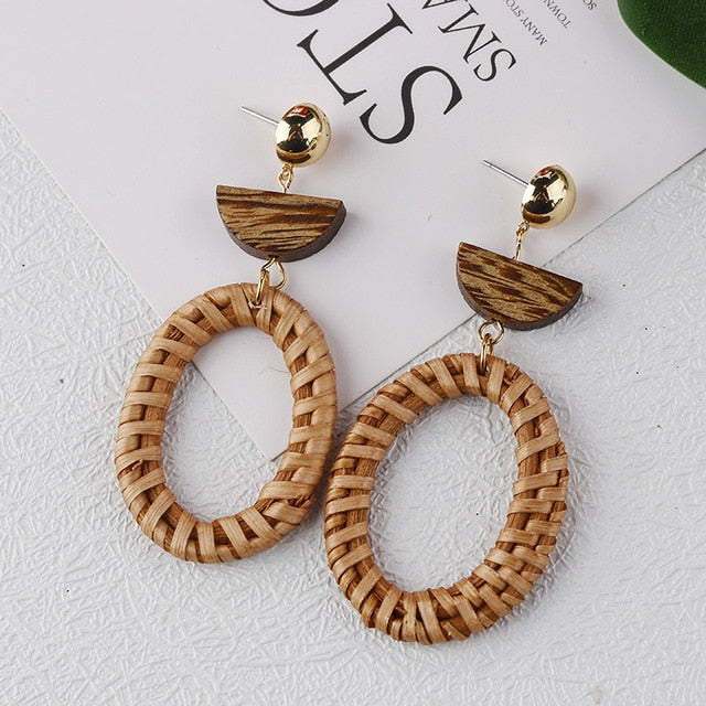 AENSOA Bohemia Handmade Geometric Rattan Straw Weave Knit Vine Drop Earrings For Women Korea Earring Party Jewelry Wholesale