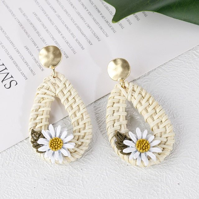 AENSOA Bohemia Handmade Geometric Rattan Straw Weave Knit Vine Drop Earrings For Women Korea Earring Party Jewelry Wholesale