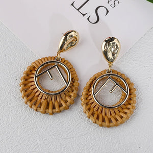 AENSOA Bohemia Handmade Geometric Rattan Straw Weave Knit Vine Drop Earrings For Women Korea Earring Party Jewelry Wholesale