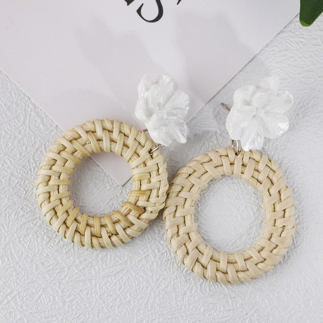 AENSOA Bohemia Handmade Geometric Rattan Straw Weave Knit Vine Drop Earrings For Women Korea Earring Party Jewelry Wholesale