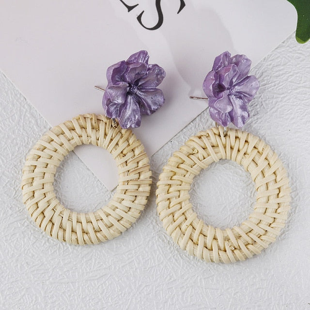 AENSOA Bohemia Handmade Geometric Rattan Straw Weave Knit Vine Drop Earrings For Women Korea Earring Party Jewelry Wholesale