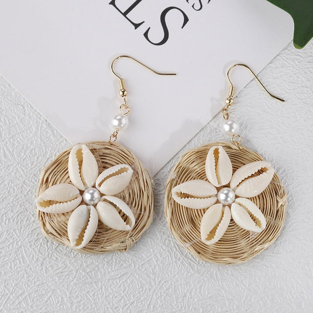 AENSOA Bohemia Handmade Geometric Rattan Straw Weave Knit Vine Drop Earrings For Women Korea Earring Party Jewelry Wholesale