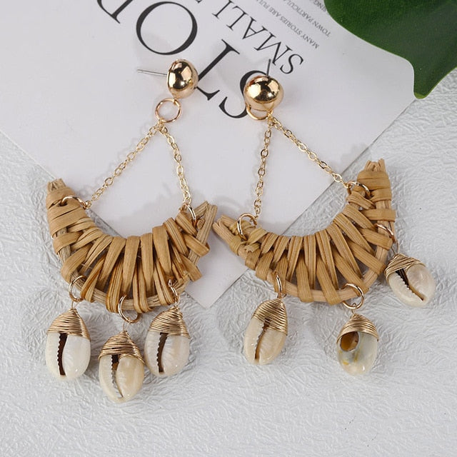 AENSOA Bohemia Handmade Geometric Rattan Straw Weave Knit Vine Drop Earrings For Women Korea Earring Party Jewelry Wholesale