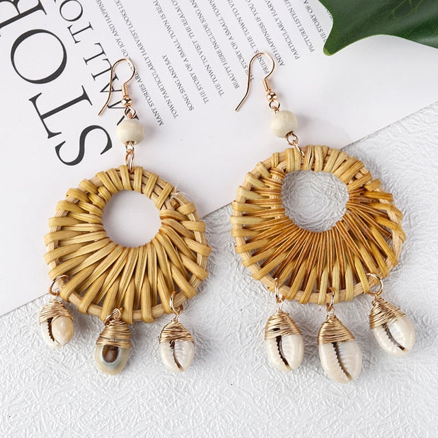 AENSOA Bohemia Handmade Geometric Rattan Straw Weave Knit Vine Drop Earrings For Women Korea Earring Party Jewelry Wholesale