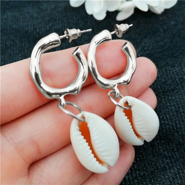 2019 New Sea Shell Earrings For Women Gold Color Round Geometric Drop Pearl Shell Earrings Summer Beach Ladies Fashion Jewelry