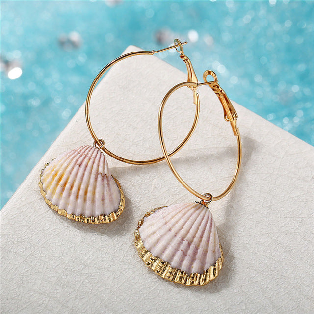 2019 New Sea Shell Earrings For Women Gold Color Round Geometric Drop Pearl Shell Earrings Summer Beach Ladies Fashion Jewelry