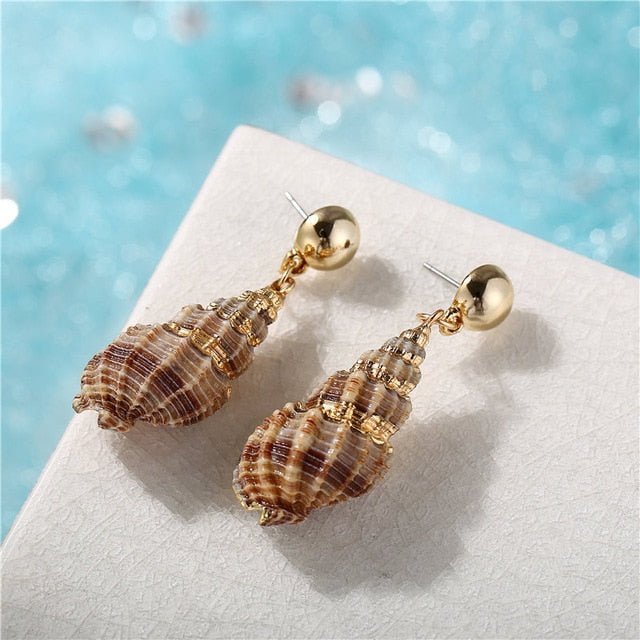 2019 New Sea Shell Earrings For Women Gold Color Round Geometric Drop Pearl Shell Earrings Summer Beach Ladies Fashion Jewelry