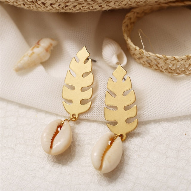 2019 New Sea Shell Earrings For Women Gold Color Round Geometric Drop Pearl Shell Earrings Summer Beach Ladies Fashion Jewelry