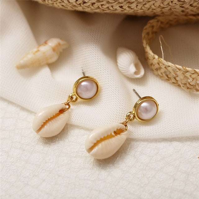 2019 New Sea Shell Earrings For Women Gold Color Round Geometric Drop Pearl Shell Earrings Summer Beach Ladies Fashion Jewelry